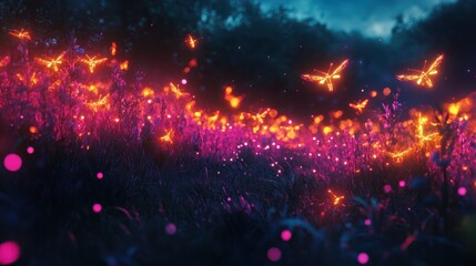 Obraz premium Glowing orange butterflies flutter above colorful violet illuminated grassy field