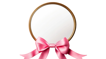 Pink bow and a blank round frame on black background, cut out transparent
