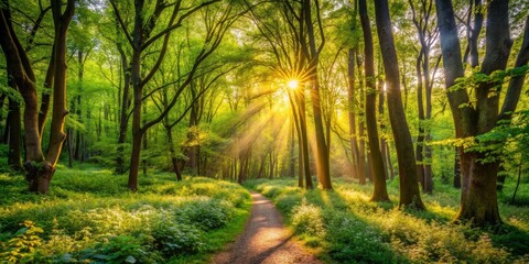 Obraz premium Sunlit Path Through a Lush Spring Forest with Golden Rays Illuminating the Canopy and Undergrowth
