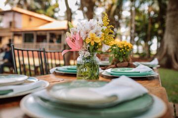 Outdoor Feast: Floral Centerpiece on Rustic Table