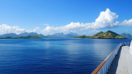 A breathtaking view from a cruise ship's deck, looking out at the clear blue waters and distant islands under the sun,A beautiful view of a luxury cruise ship surrounded by tranquil waters, creating a