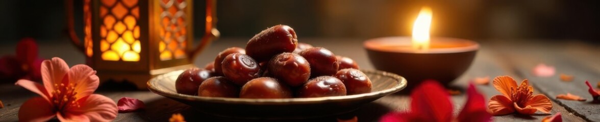 Bronze plate, dates, flowers, tea, lantern, Iftar ,  lantern,  prunus