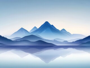 Fototapeta premium A serene mountain landscape reflecting on calm waters under a clear blue sky, offering a tranquil escape into nature's beauty.