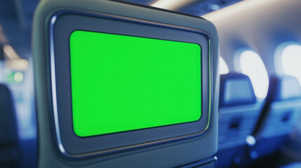 A clean green screen window inside an aircraft, with the airplane's minimalistic interior visible in the background,A close-up of a green screen window inside an aircraft, with the plane's contemporar