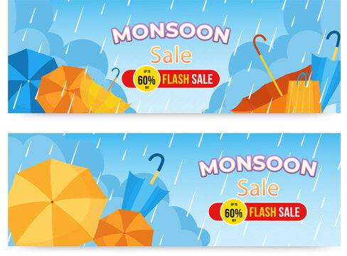 Set of Monsoon sale poster. Monsoon sale banner, Discount, Offers, Monsoon season background.