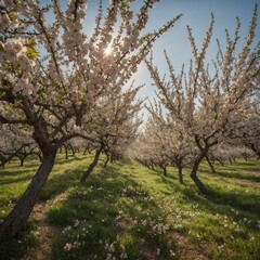 Obraz premium A peaceful orchard in full bloom, where delicate pink and white blossoms cover every branch, and the air is filled with the scent of spring