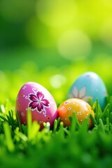 Colorful decorated eggs on vibrant green grass, sunny day, holiday, easter decorations