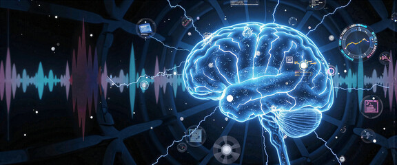 Glowing Human Brain with Neural Network Digital Technology and Data Visualization