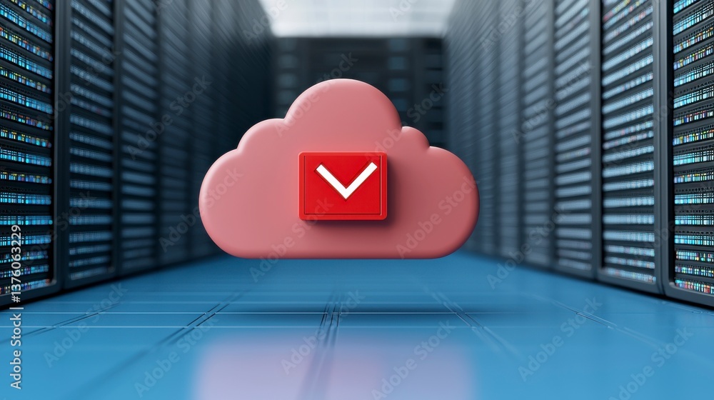 Poster red cloud icon with check mark in modern data center environment