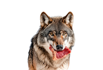 Obraz premium Wolf carries fresh meat in its mouth isolated on transparent background
