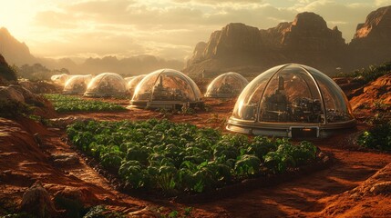 Martian sunset, geodesic domes, hydroponic farm, red planet