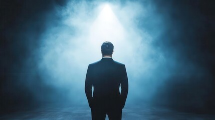 A silhouette of a man in a suit standing under dramatic lighting, evoking introspection, mystery, and profound contemplation.
