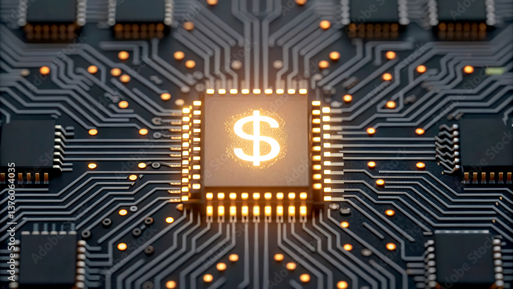 Poster e-invoice concept. a close-up of a microchip with a dollar sign, symbolizing technology and finance 