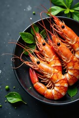 Fresh shrimps & crabs, herbs, dark gray background, top view, sea