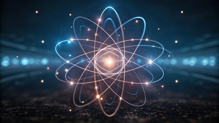 Quantum computing transforms cryptography security concept. Abstract representation of an atom with glowing particles against a dark background.