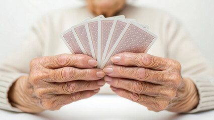 Elderly Memory exercises concept. Elderly hands holding playing cards, showcasing age and skill in a game setting.