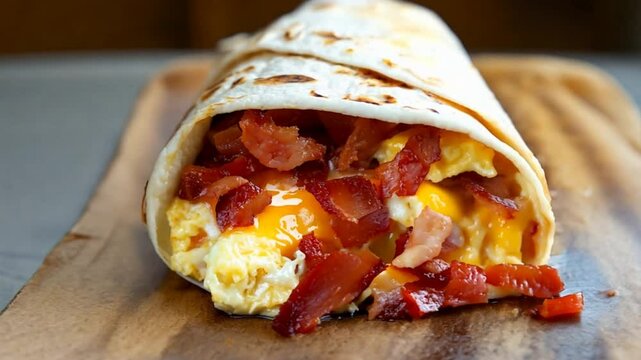 Delicious Breakfast Burrito with Scrambled Eggs and Crispy Bacon