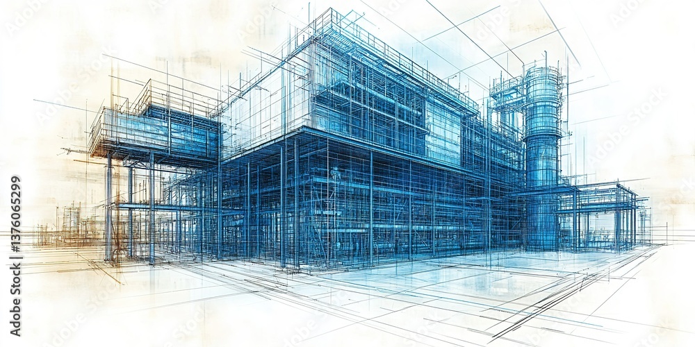 Poster architectural blueprint of a modern industrial building showcasing intricate design details and stru