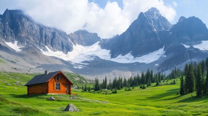 Obraz premium Secluded mountain cabin nestled in alpine meadow with glacier and peak views.