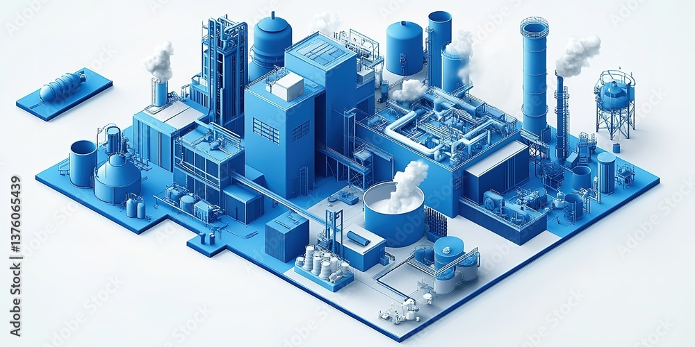 Poster industrial facility layout featuring various processing units and structures in a blue color scheme