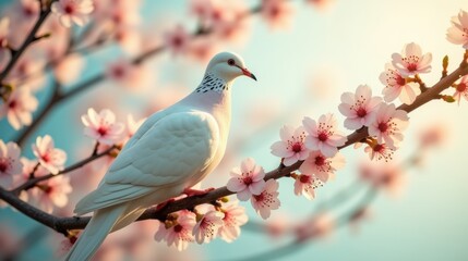 White dove perched on cherry blossom branch in springtime  