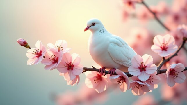 White dove sitting on cherry blossom branch against soft background  
