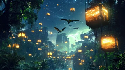 Fototapeta premium A fantastic forest scene with glowing square lanterns and birds