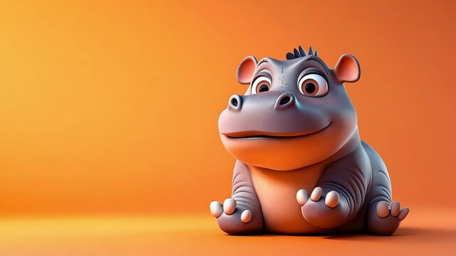 Adorable cartoon hippopotamus sitting on an orange background.