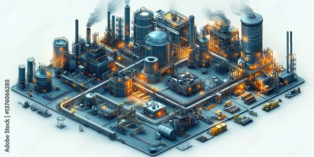 Poster advanced industrial complex with illuminated structures and intricate pipelines during twilight hour