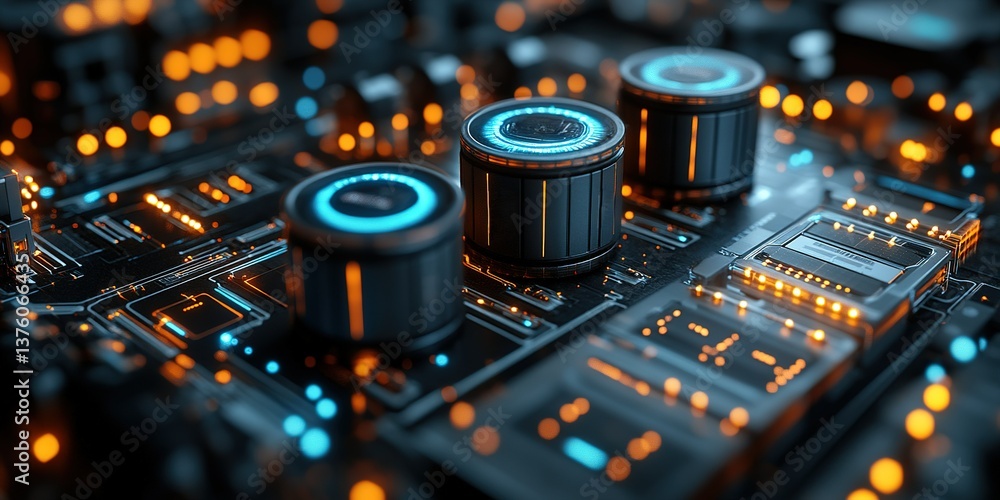 Poster detailed close-up view of a futuristic circuit board with glowing elements and knobs