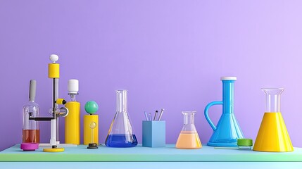 Colorful lab equipment on pastel table against purple wall; science education