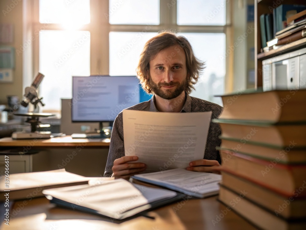 Poster quantum computing transforms cryptography security concept. a man analyzes documents in a well-lit o