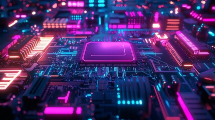 Fototapeta premium Cybernetic circuit board design adorned with vibrant futuristic neon lights