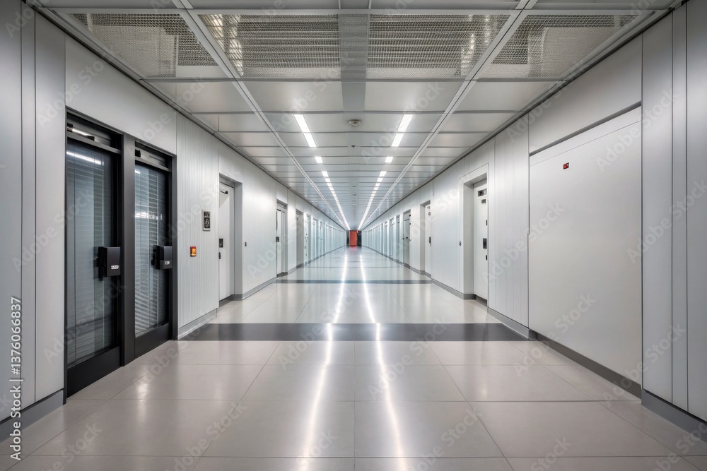 Poster quantum computing transforms cryptography security concept. modern corridor with sleek design and br