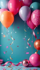 Sparkling sixteen birthday decorations with balloons and streamers , candles, teenager