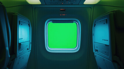 Fototapeta premium A green screen window inside an airplane, with the plane's sleek cabin and natural light shining through,A green screen on an aircraft window, capturing the light reflections from the airplaneâ€™s pol
