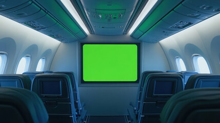 A green screen window inside an airplane, with the plane's sleek cabin and natural light shining through,A green screen on an aircraft window, capturing the light reflections from the airplaneâ€™s pol