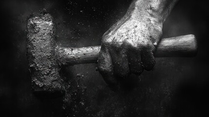Dusty hand wielding sledgehammer, dark background, industrial setting, concept art