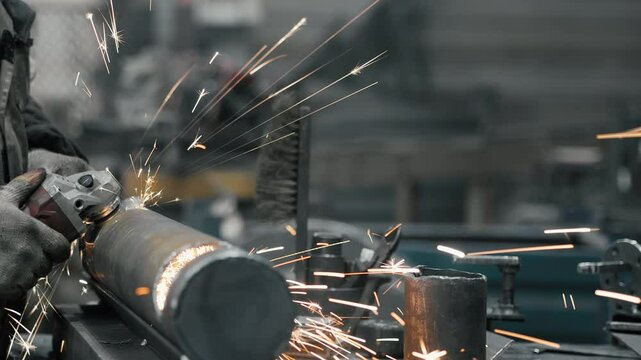 Industrial worker grinding round metal part with angle grinder and sparks.