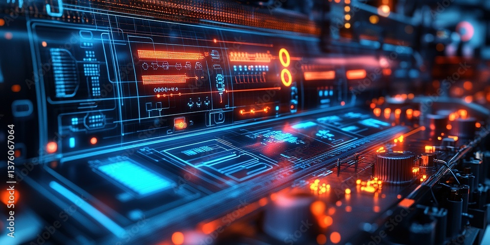 Poster colorful electronic circuit board displaying vibrant glowing elements and intricate details in a fut