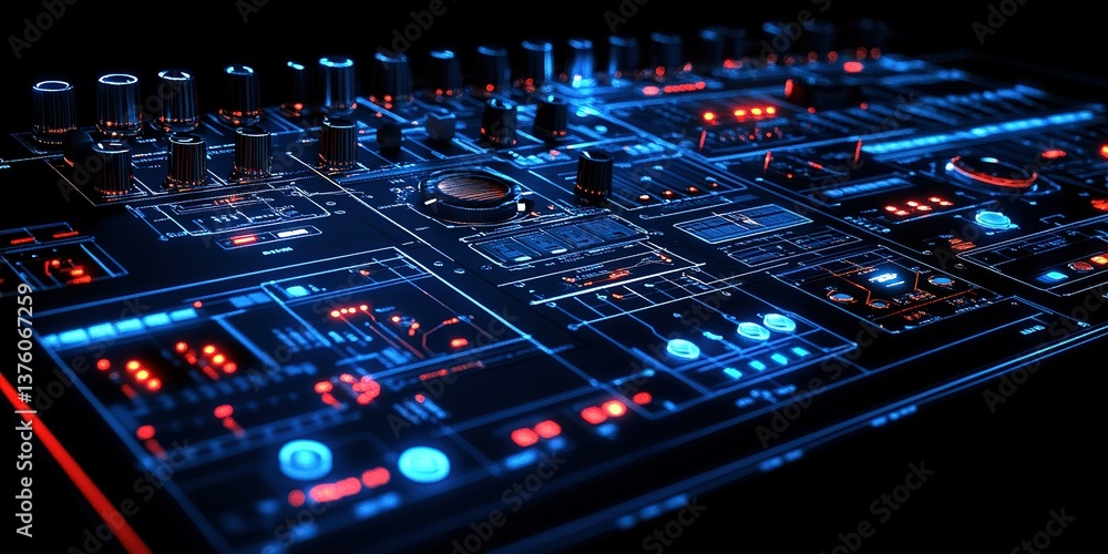 Aufkleber futuristic music control surface with glowing buttons and sliders in a dark studio environment