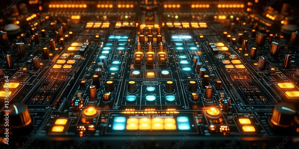 Poster complex electronic music production setup displaying various illuminated controls and buttons, creat