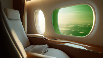 Naklejka premium A green screen window inside an airplane, with the plane's sleek cabin and natural light shining through,A green screen on an aircraft window, capturing the light reflections from the airplaneâ€™s pol