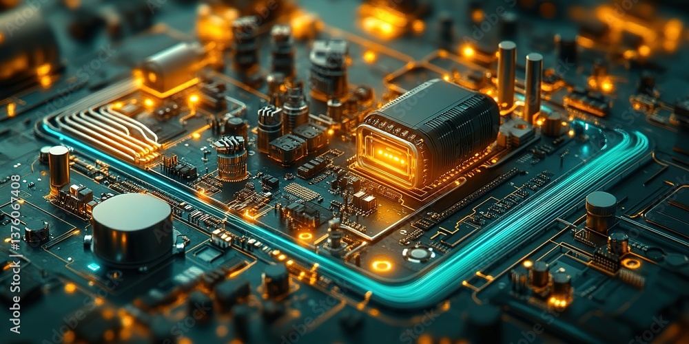 Poster close-up view of a futuristic circuit board with glowing components highlighting technology and inno