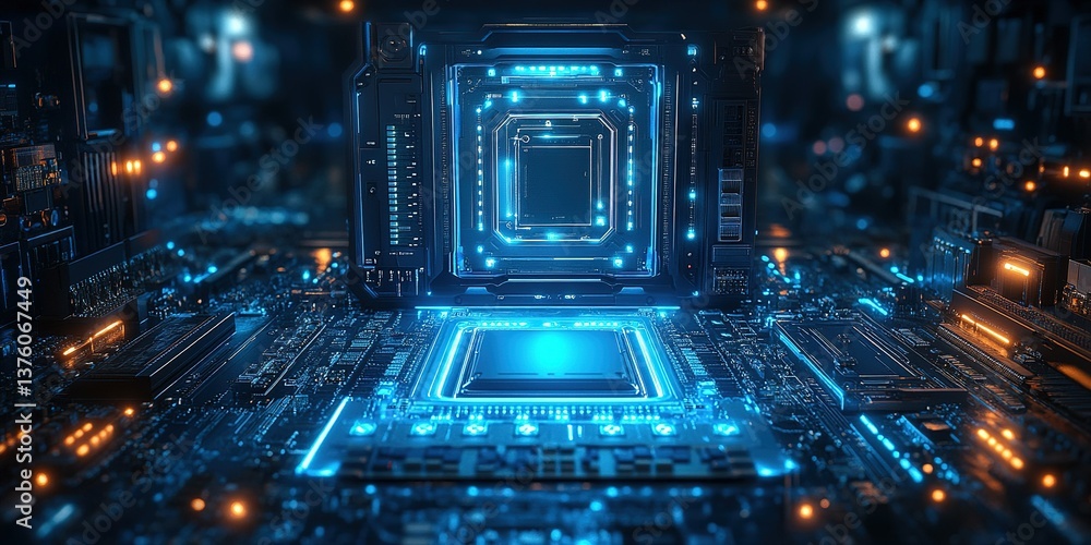 Poster exploring the intricate design and glowing circuits of a futuristic computer motherboard