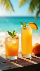Obraz premium Two summer cocktails on weathered beach wood Sunlit oranges , beverage, sunset, restaurant