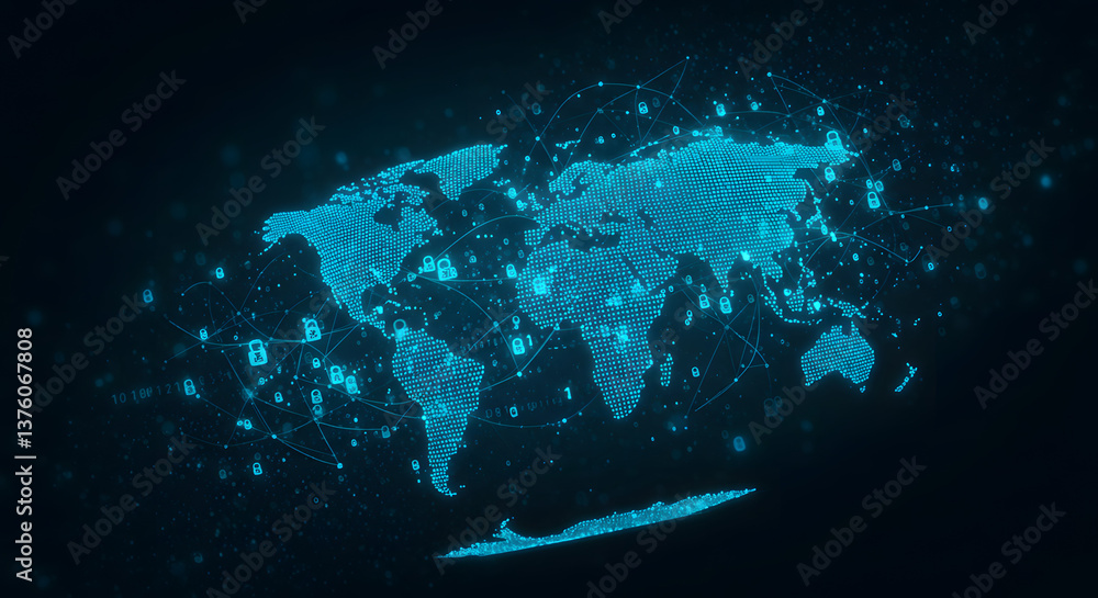 Poster global network digital world map with connections and data points