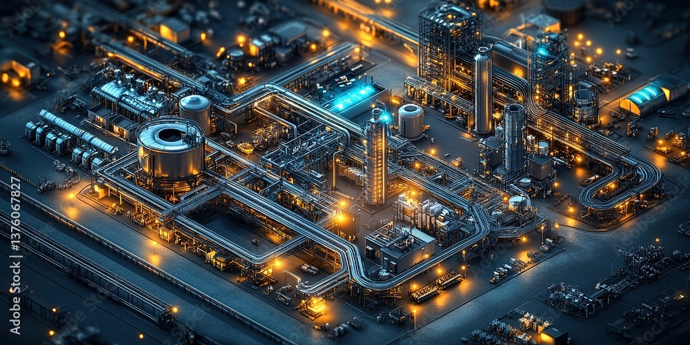 Aufkleber industrial complex at night with illuminated pathways and structures highlighting active operations