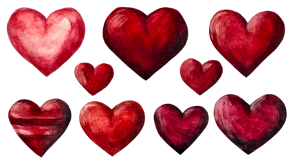 Red heart illustrations for valentine's day backgrounds, cut out transparent