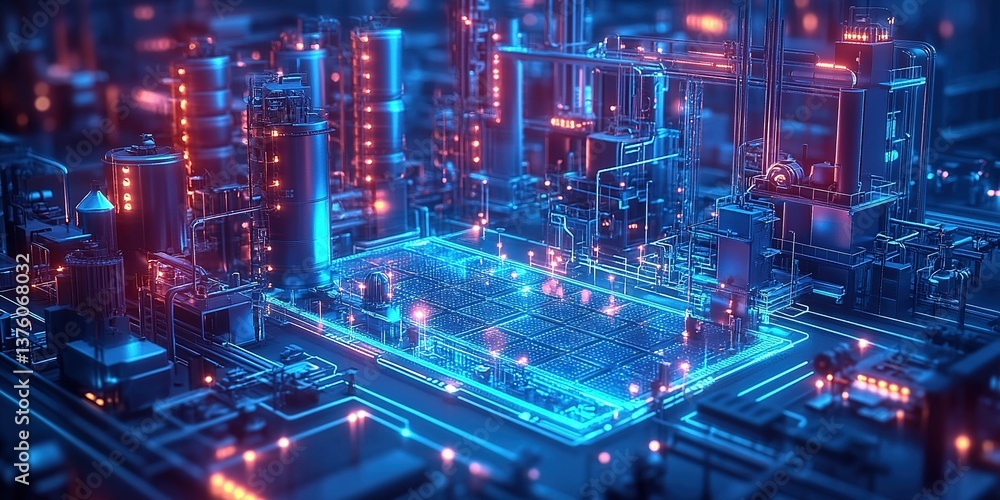 Poster futuristic cityscape with illuminated structures and intricate circuitry at night